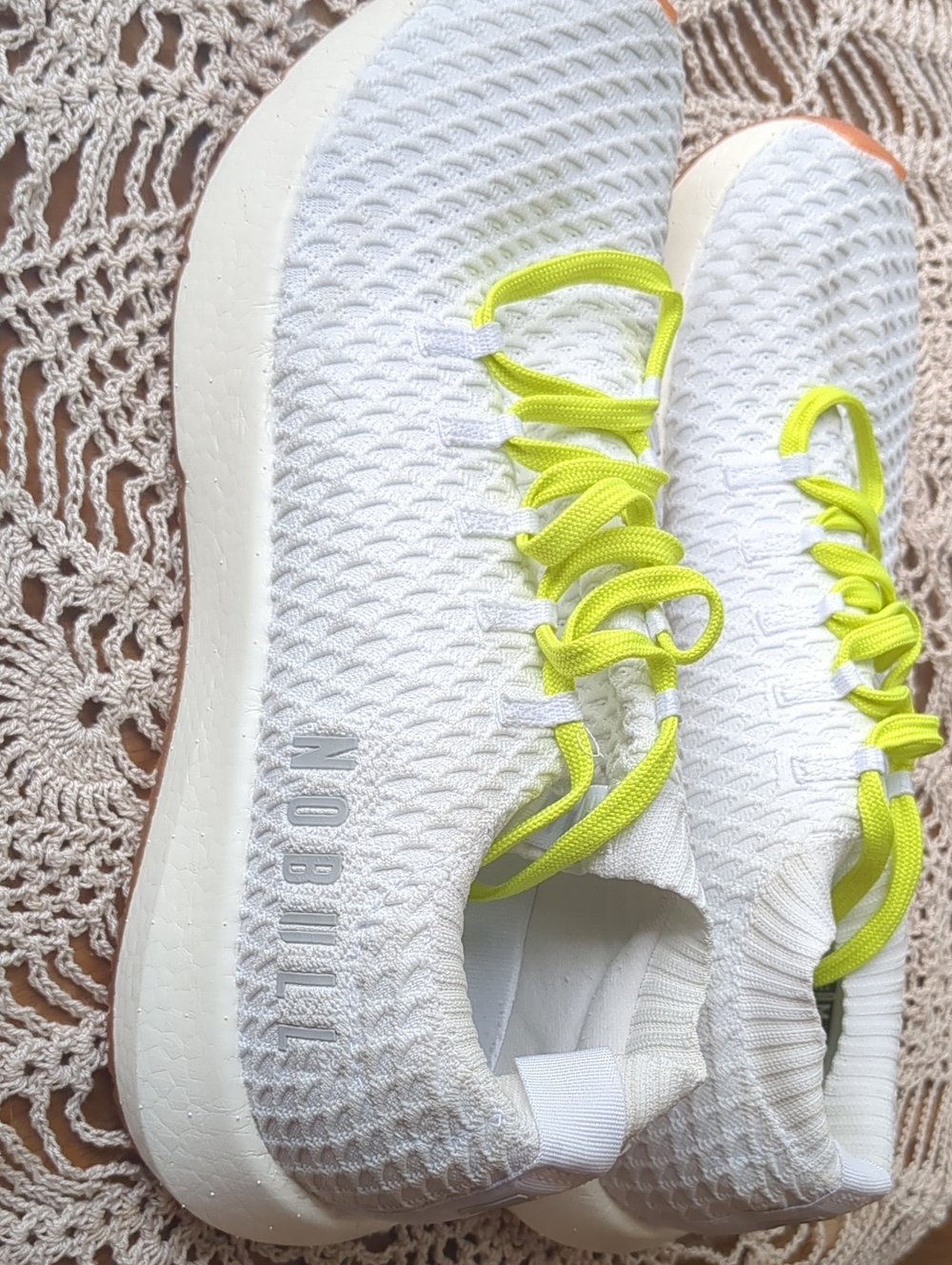 NOBULL Men' White Knit Trainer with Neon Yellow Laces Size 12